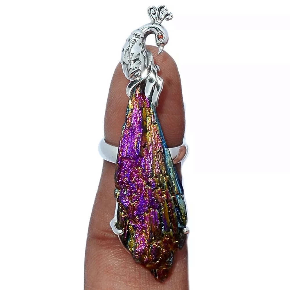 Peacock Rainbow Aura Kyanite Silver rings - Picture 9 of 11
